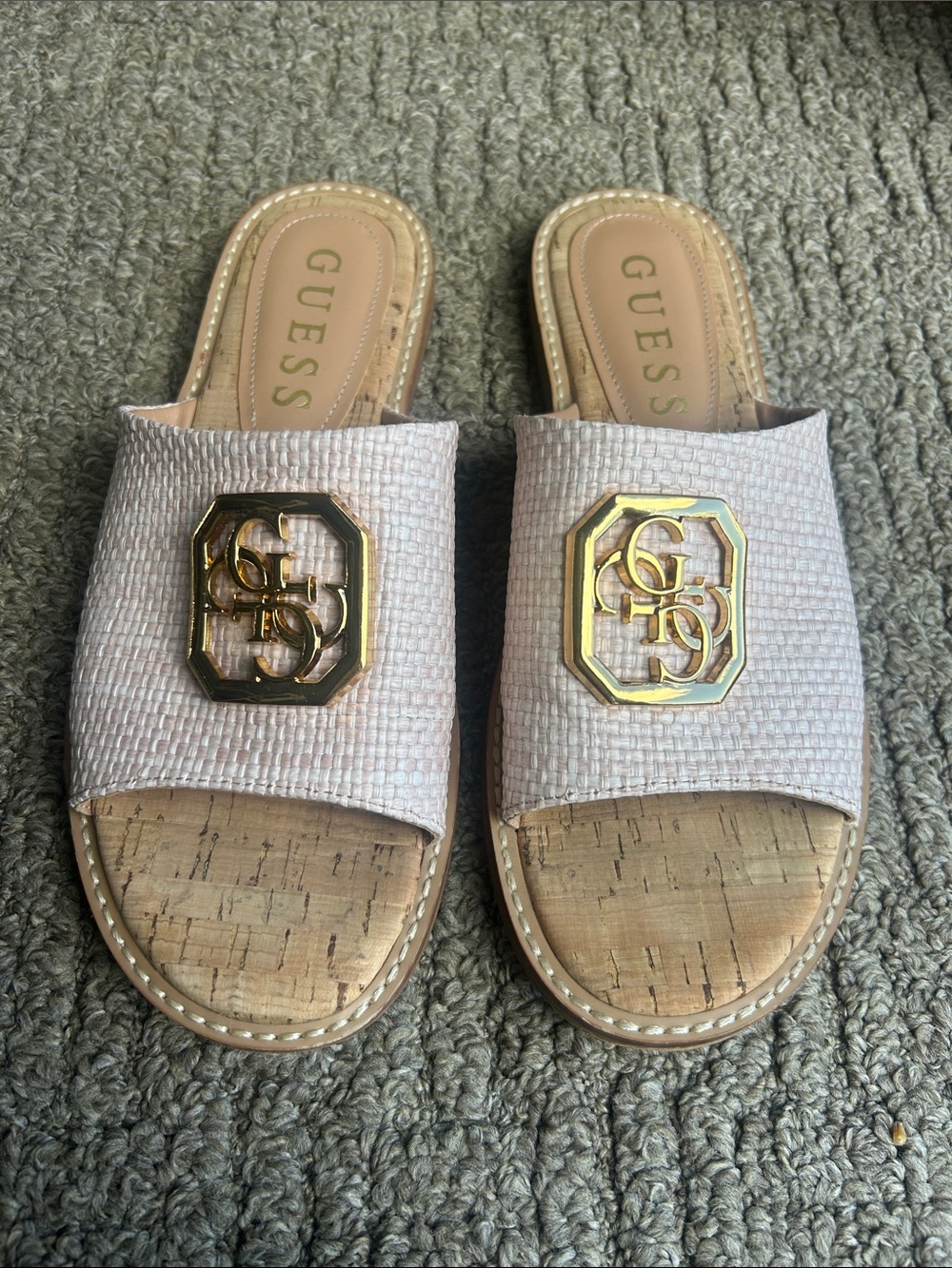 GUESS Blush Pink Slide Mules with Gold Logo Accent